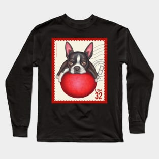 Funny Boston Terrier on Red Ball on classic red trimmed stamp Long Sleeve T-Shirt